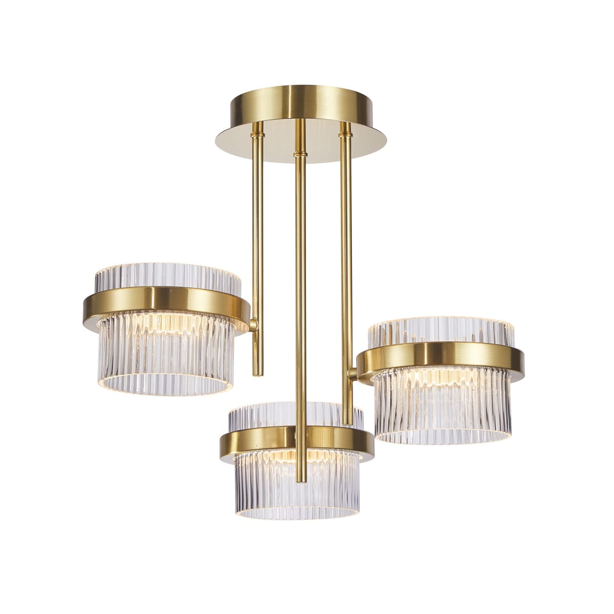 Lampa sufitowa Tiara w złotym kolorze, składająca się z trzech kloszy z przezroczystego szkła o teksturowanej powierzchni. Klosze zawieszone na prostych, złotych rurkach, montowane do okrągłej podstawy. Wymiary i detale świetlne nie są widoczne.