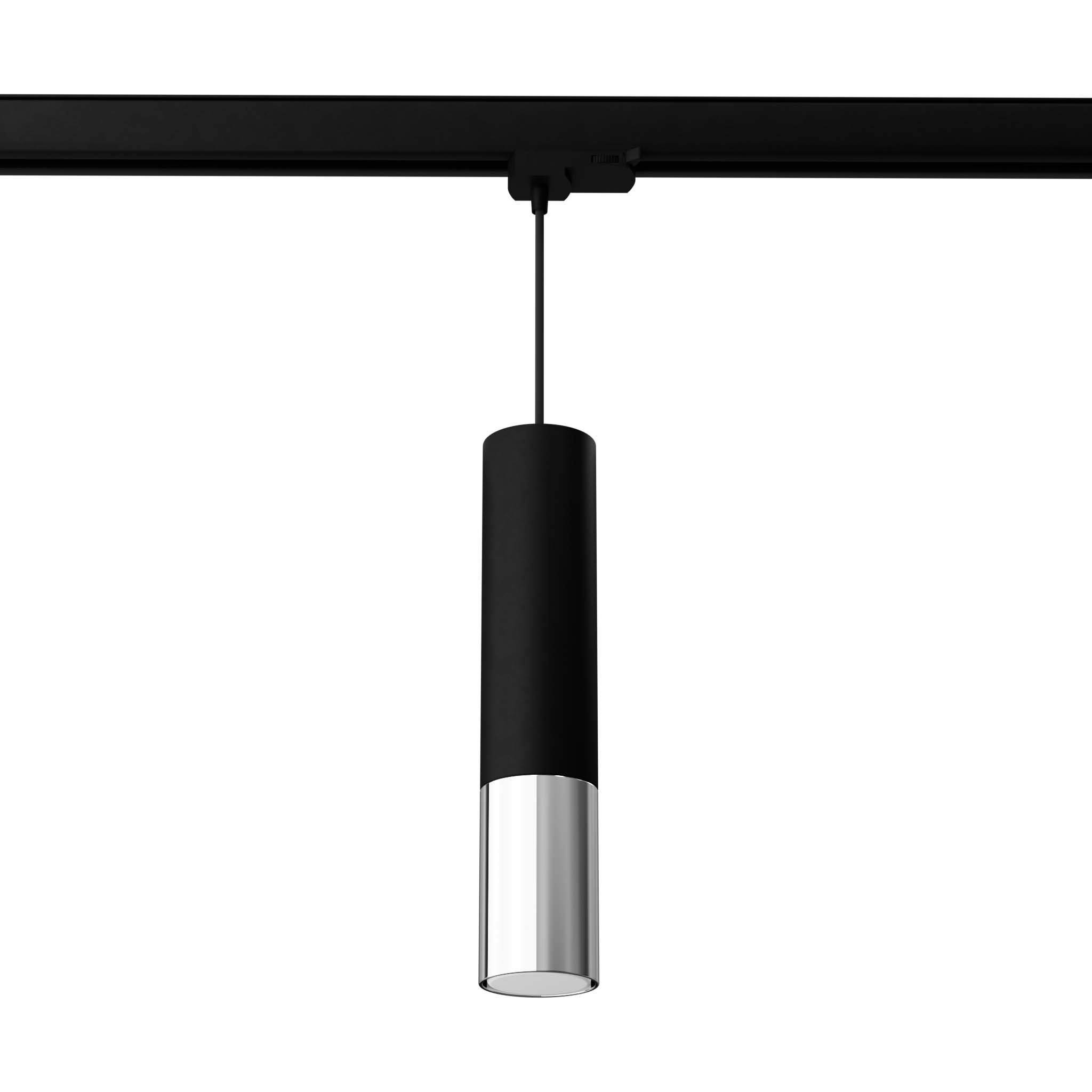 Loopez lampa wisząca w kolorze czarnym i chromowanym, o cylindrycznym kształcie, zawieszona na czarnym przewodzie. Posiada miejsce na żarówkę GU10, w zestawie z żarówką 7W/4000K, montowana na szynie 3F.