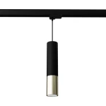Loopez lampa wisząca 1xGU10, czarna z metalicznym złotym wykończeniem. Stojąca w pozycji wiszącej, montowana na szynie 3F, cylindryczny kształt z matowym czarnym korpusem i błyszczącą złotą podstawą. Tło białe.