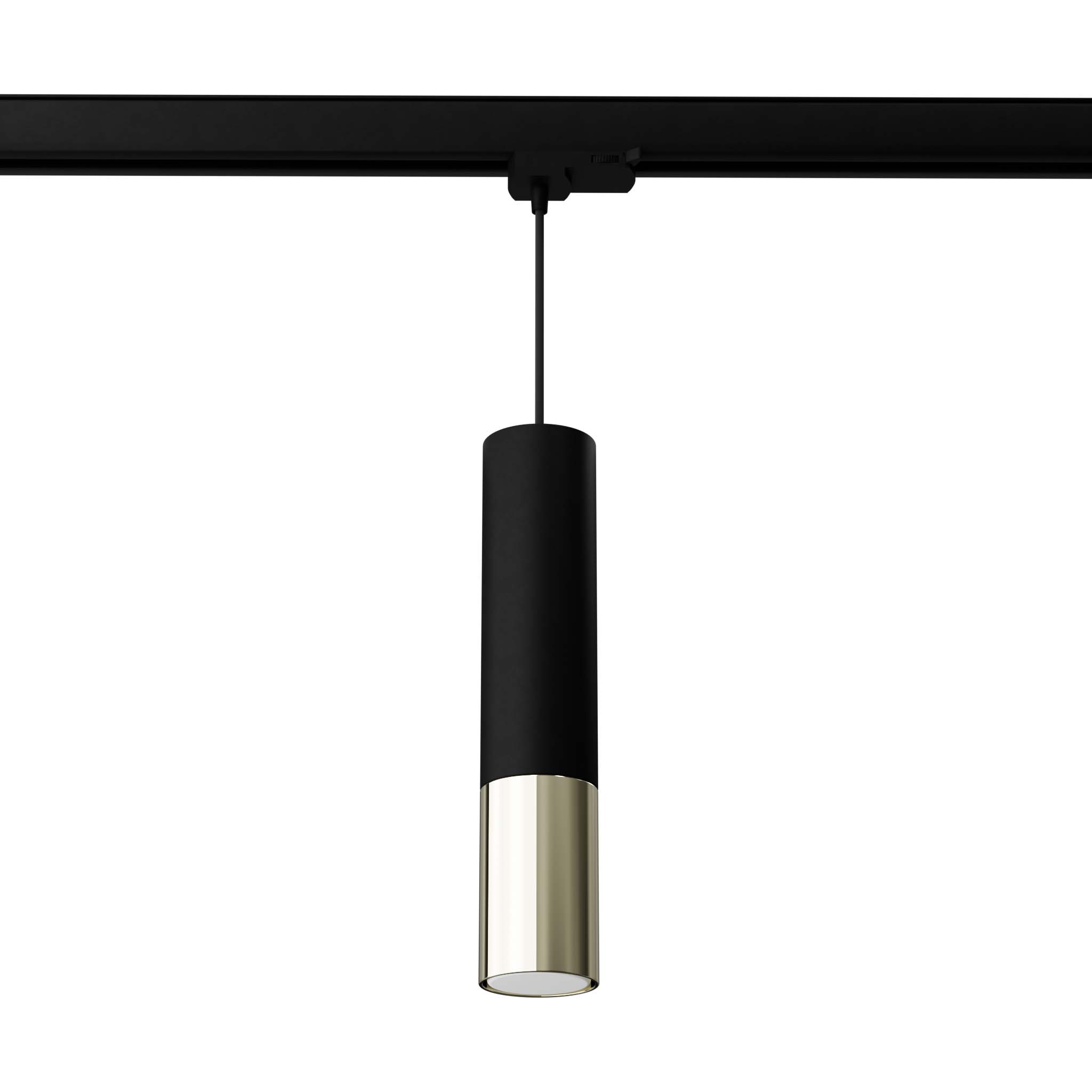 Loopez lampa wisząca 1xGU10 w czarnej obudowie z metalowym, złotym wykończeniem. Produkt zawieszony na czarnym przewodzie w systemie szynowym. Lampa ma cylindryczny kształt i jest przeznaczona do stosowania z żarówką 7W/3000K.