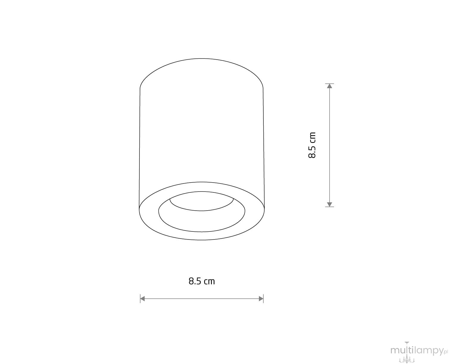 Czarna lampa sufitowa Ceara z oprawą na żarówkę GU10, o wymiarach 8,5 cm średnicy i 8,5 cm wysokości. Prosty cylindryczny kształt, przeznaczona do montażu sufitowego, z klasą ochrony IP44, co pozwala na użycie w wilgotnych pomieszczeniach.