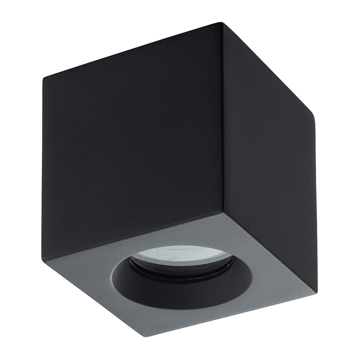 Czarna lampa sufitowa Parana 1xGU10 z IP44, w kształcie sześcianu, z wycięciem na żarówkę. Posiada matową powierzchnię, montowana na suficie, idealna do wnętrz i przestrzeni zewnętrznych.