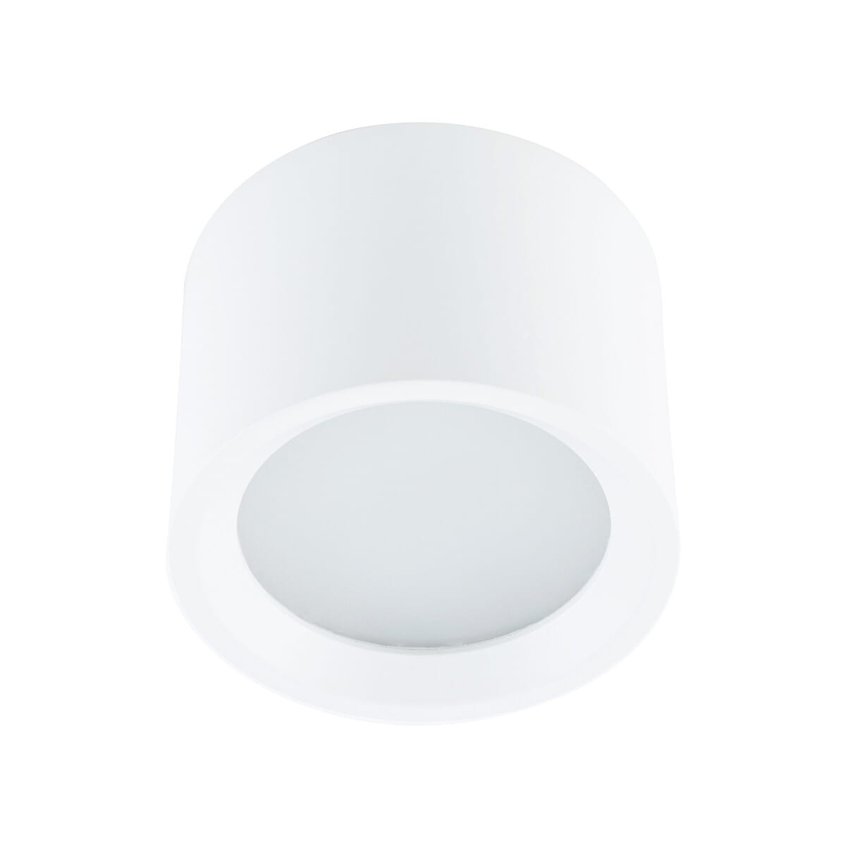 Lampa sufitowa Bol 1xGX53/IP54 w kolorze białym, o cylindrycznym kształcie, z matowym kloszem. Widok z dołu, ukazujący gładką powierzchnię i okrągły otwór na źródło światła. Przeznaczona do użytku wewnętrznego i zewnętrznego.