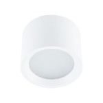 Lampa sufitowa Bol 1xGX53/IP54 w kolorze białym, o cylindrycznym kształcie, z matowym kloszem. Widok z dołu, ukazujący gładką powierzchnię i okrągły otwór na źródło światła. Przeznaczona do użytku wewnętrznego i zewnętrznego.