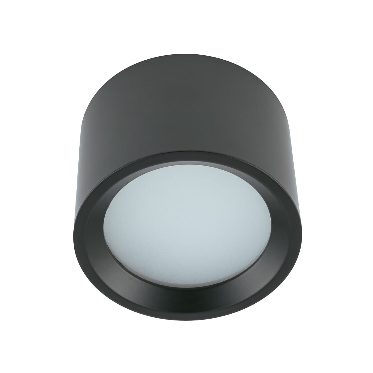 Czarna lampa sufitowa Bol z oprawą 1xGX53, o okrągłym kształcie i matowym wykończeniu. Przezroczysta, mleczna osłona na dole, montowana na suficie. IP54, idealna do użytku wewnętrznego i zewnętrznego.