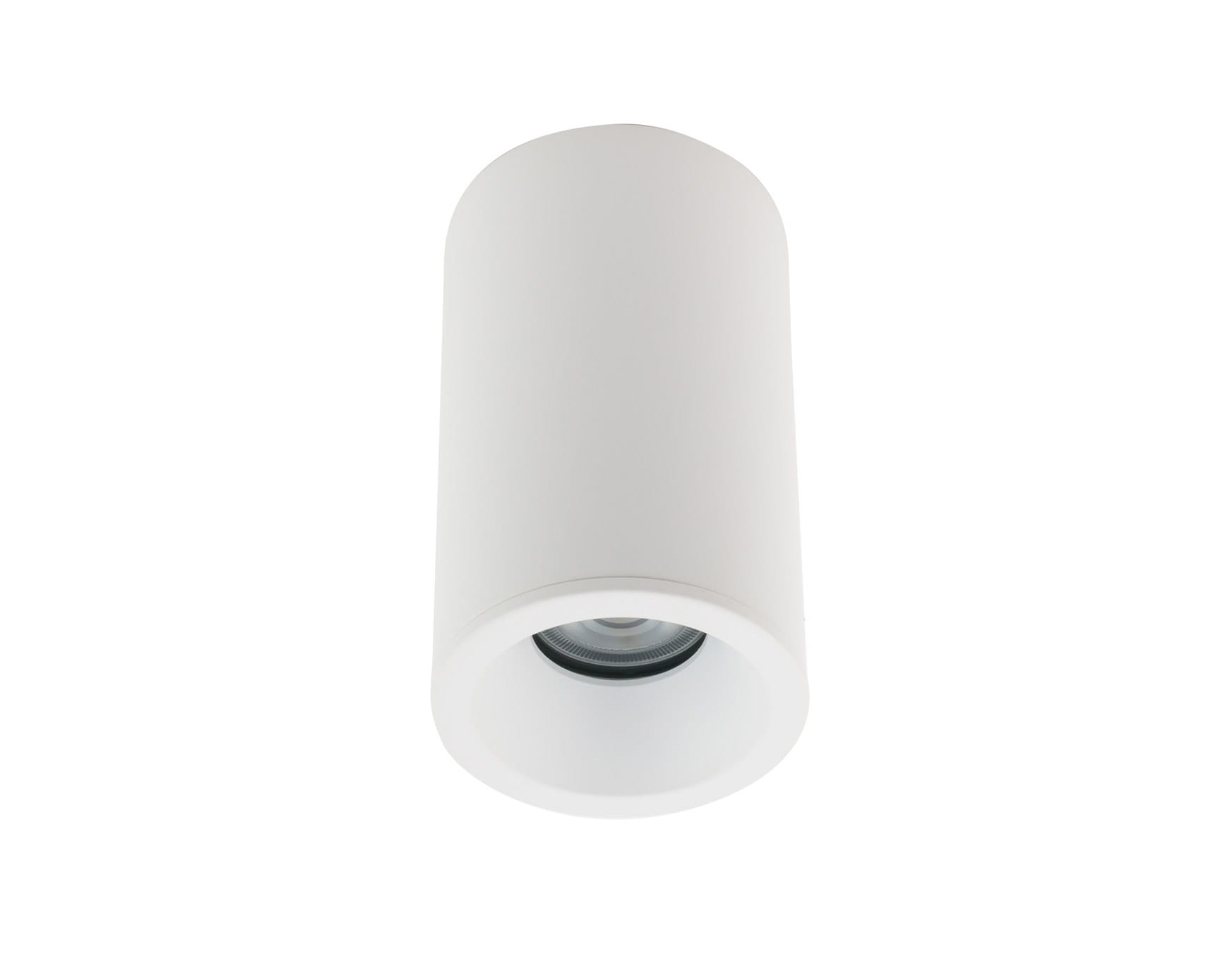 Biała lampa sufitowa 1-punktowa Alpha IP54, cylindryczny kształt, matowa powierzchnia, widoczna oprawa z wnętrzem w kolorze czarnym. Ujęcie frontalne, zawieszona w górze, bez dodatkowych elementów w tle.