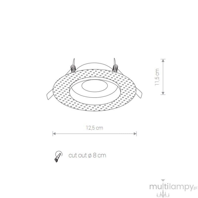 Okrągła oprawa do zabudowy Echo IP54 w kolorze białym, z wymiarami 12,5 cm średnicy i 11,5 cm wysokości. Zawiera uchwyty montażowe oraz wycięcie o średnicy 8 cm. Prosta, minimalistyczna konstrukcja, idealna do wnętrz.