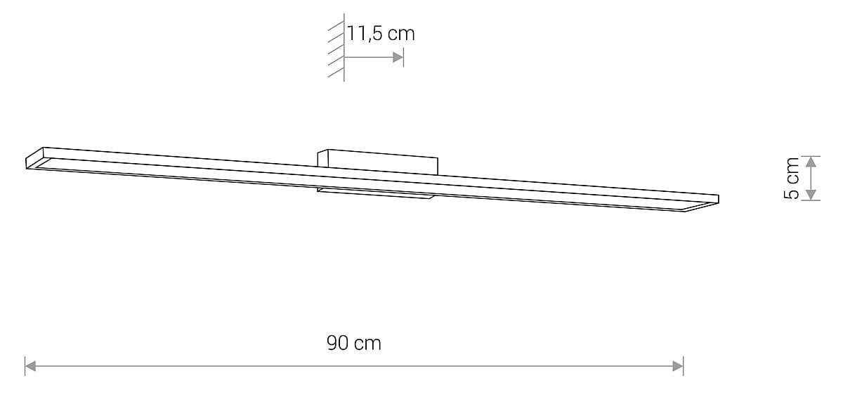 Kinkiet Lath LED IP44 w kolorze chromu, o wymiarach 90 cm długości, 11,5 cm wysokości i 5 cm szerokości. Prosty, prostokątny kształt, montowany na ścianie, idealny do oświetlenia wnętrz.
