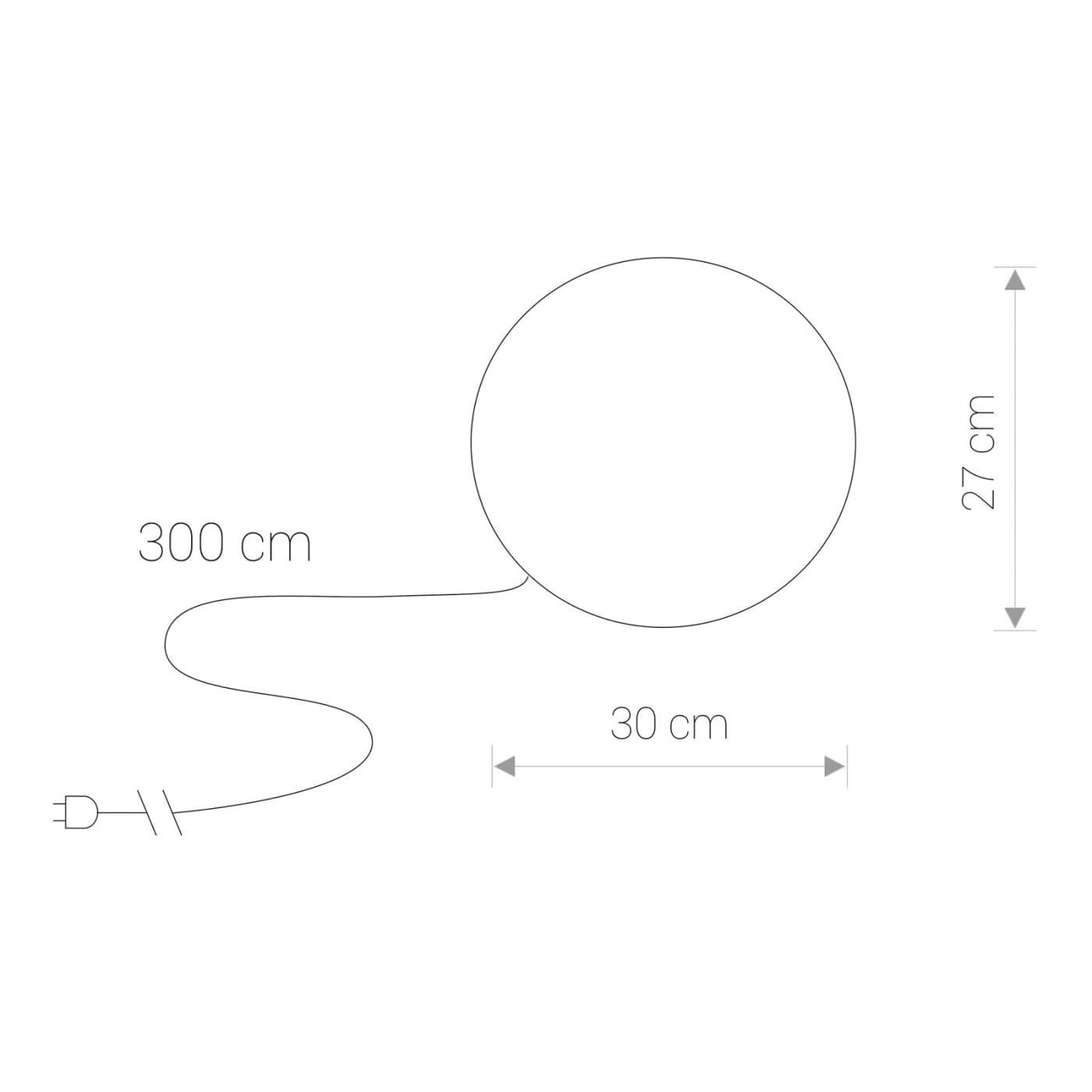 Biała lampa ogrodowa Cumulus S z jedną oprawą E27. Okrągła czasza o średnicy 30 cm i wysokości 27 cm, z przewodem o długości 300 cm. Prosta, minimalistyczna forma, idealna do aranżacji przestrzeni zewnętrznych.