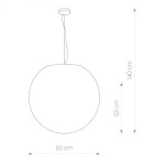 Lampa ogrodowa wisząca Cumulus L, okrągła kula o średnicy 60 cm, zawieszona na cienkim przewodzie o długości 140 cm. Wysokość od sufitu do dolnej krawędzi wynosi 53 cm. Prosty, nowoczesny design, idealna do użytku zewnętrznego.