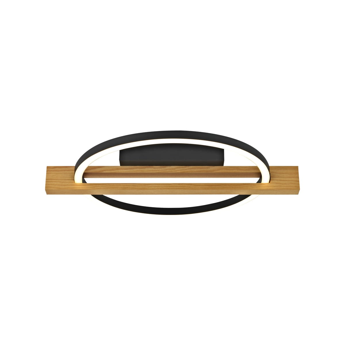 Czarna lampa sufitowa Natano z drewna, z okrągłym, podświetlanym elementem LED. Produkt w układzie poziomym, z drewnianą podstawą i czarną obudową, doskonały do nowoczesnych wnętrz.