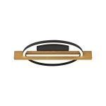 Czarna lampa sufitowa Natano z drewna, z okrągłym, podświetlanym elementem LED. Produkt w układzie poziomym, z drewnianą podstawą i czarną obudową, doskonały do nowoczesnych wnętrz.