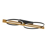 Natano lampa sufitowa z dwoma okrągłymi źródłami LED, czarna z drewnianym akcentem. Kąt ujęcia z góry, widoczna podstawa montażowa. Prosty design z białym światłem, idealna do nowoczesnych wnętrz.