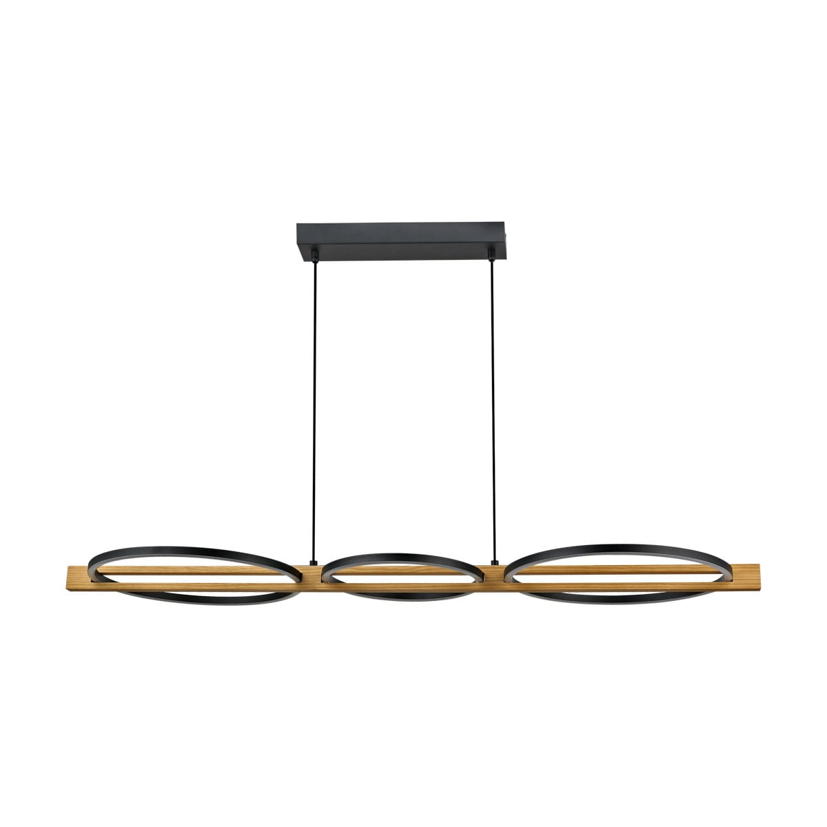Lampa wisząca Natano w kolorze czarnym z drewnianym elementem, z trzema okrągłymi oprawami LED. Produkt zawieszony na cienkich linkach, z prostokątnym sufitem. Minimalistyczny design, idealny do nowoczesnych wnętrz.