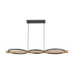 Lampa wisząca Natano w kolorze czarnym z drewnianym elementem, z trzema okrągłymi oprawami LED. Produkt zawieszony na cienkich linkach, z prostokątnym sufitem. Minimalistyczny design, idealny do nowoczesnych wnętrz.