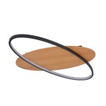 Lampa sufitowa Poraso z czarnym pierścieniem i drewnianą podstawą, z kształtem elipsy. Źródło światła LED o mocy 14W. Produkt montowany sufitowo, widoczny z góry. Tło białe, co podkreśla design lampy.