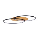 Lampa sufitowa Poraso z dwiema oprawami LED 24W, w kolorze czarnym z drewnianym elementem. Produkt ma okrągły kształt, zamontowany na płaskiej podstawie. Wysoka jakość wykonania, nowoczesny design. Ujęcie z boku, ukazujące detale.