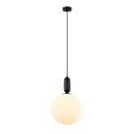 Czarna lampa wisząca Aldeva D30 z jednym gniazdem E27. Okrągły, mleczny klosz zawieszony na cienkim, czarnym przewodzie. Lampa ma minimalistyczny design, idealna do nowoczesnych wnętrz. Ujęcie frontalne, produkt wiszący.