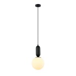 Lampa wisząca Aldeva D20 z oprawą w kolorze czarnym, zawieszona na cienkim kablu. Posiada okrągły klosz w kolorze mlecznym, wykonany z szkła, umieszczony na czarnej podstawie. Idealna do nowoczesnych aranżacji wnętrz.
