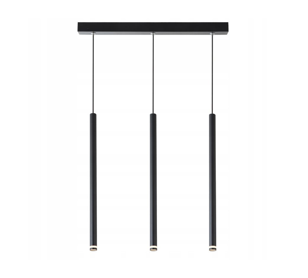 Lampa wisząca Piero z trzema cylindrycznymi źródłami światła w czarnym kolorze, zawieszona na cienkich linkach. Prosty, nowoczesny design z metalowym stelażem i minimalistycznym wykończeniem, idealna do wnętrz loftowych.