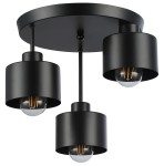 Lampa sufitowa Elza w kolorze czarnym z trzema oprawami na żarówki E27. Kształt cylindryczny z przeszklonymi kloszami, zamontowana na okrągłej podstawie. Ujęcie z dołu, ukazujące detale wykonania i rozmieszczenie źródeł światła.