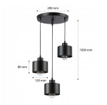 Okrągła lampa wisząca Elza w kolorze czarnym, z trzema oprawami na żarówki E27. Wymiary: średnica 290 mm, długość 1000 mm, wysokość kloszy 80 mm, średnica kloszy 120 mm. Zawieszona na cienkich linkach, minimalistyczny design.