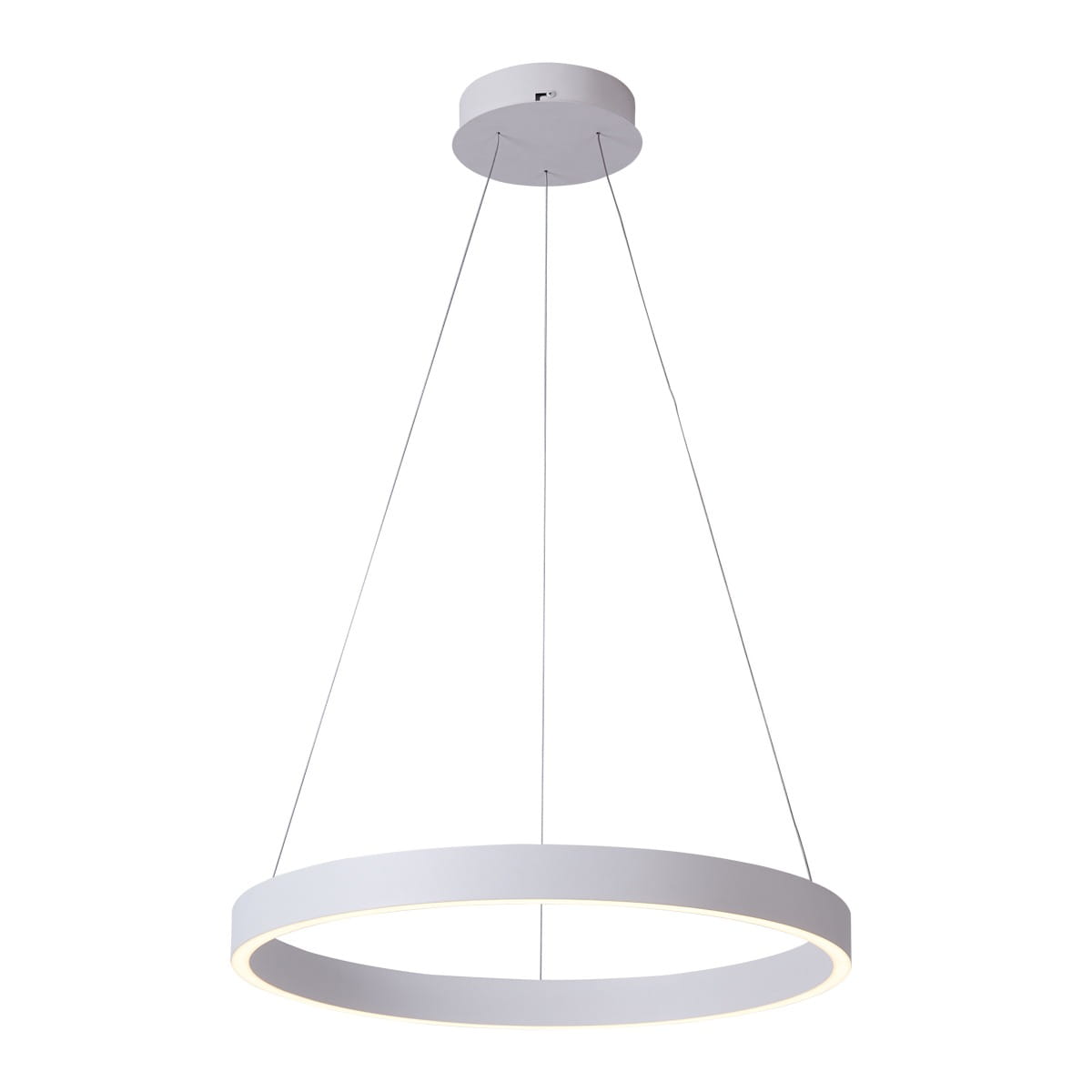 Lampa wisząca Brasco Down D80 w kolorze białym, z okrągłym kloszem LED o średnicy 80 cm, zawieszona na cienkich linkach. Prosty, minimalistyczny design, idealna do nowoczesnych wnętrz. Widoczny sufitowy mocownik w kolorze białym.