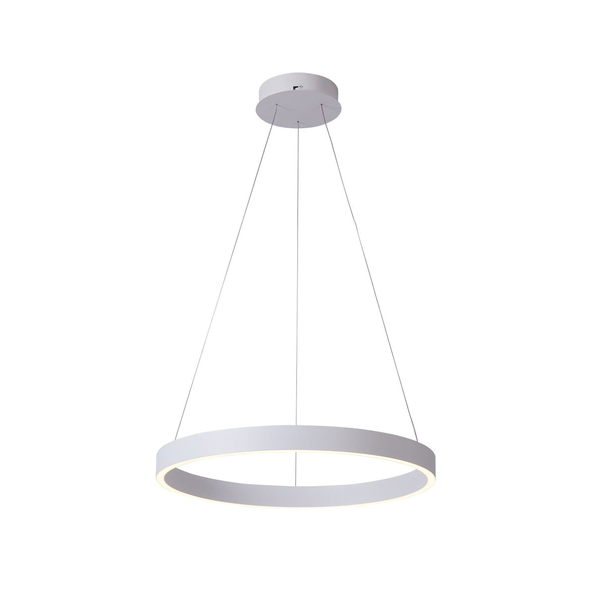 Lampa wisząca Brasco Down D60 w kolorze białym, z okrągłym kloszem LED o średnicy 60 cm. Zawieszona na cienkich linkach, z minimalistycznym designem. Montaż sufitowy, idealna do nowoczesnych wnętrz.