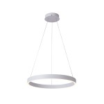 Lampa wisząca Brasco Down D60 w kolorze białym, z okrągłym kloszem LED o średnicy 60 cm. Zawieszona na cienkich linkach, z minimalistycznym designem. Montaż sufitowy, idealna do nowoczesnych wnętrz.