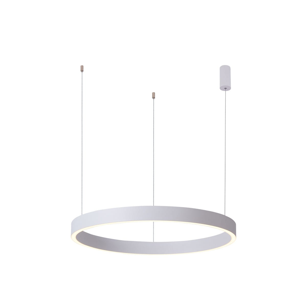 Lampa wisząca Brasco Down D60 w kolorze białym, okrągła, z jedną diodą LED o mocy 40W. Zawieszona na dwóch cienkich przewodach, z minimalistycznym, cylindrycznym mocowaniem sufitowym.