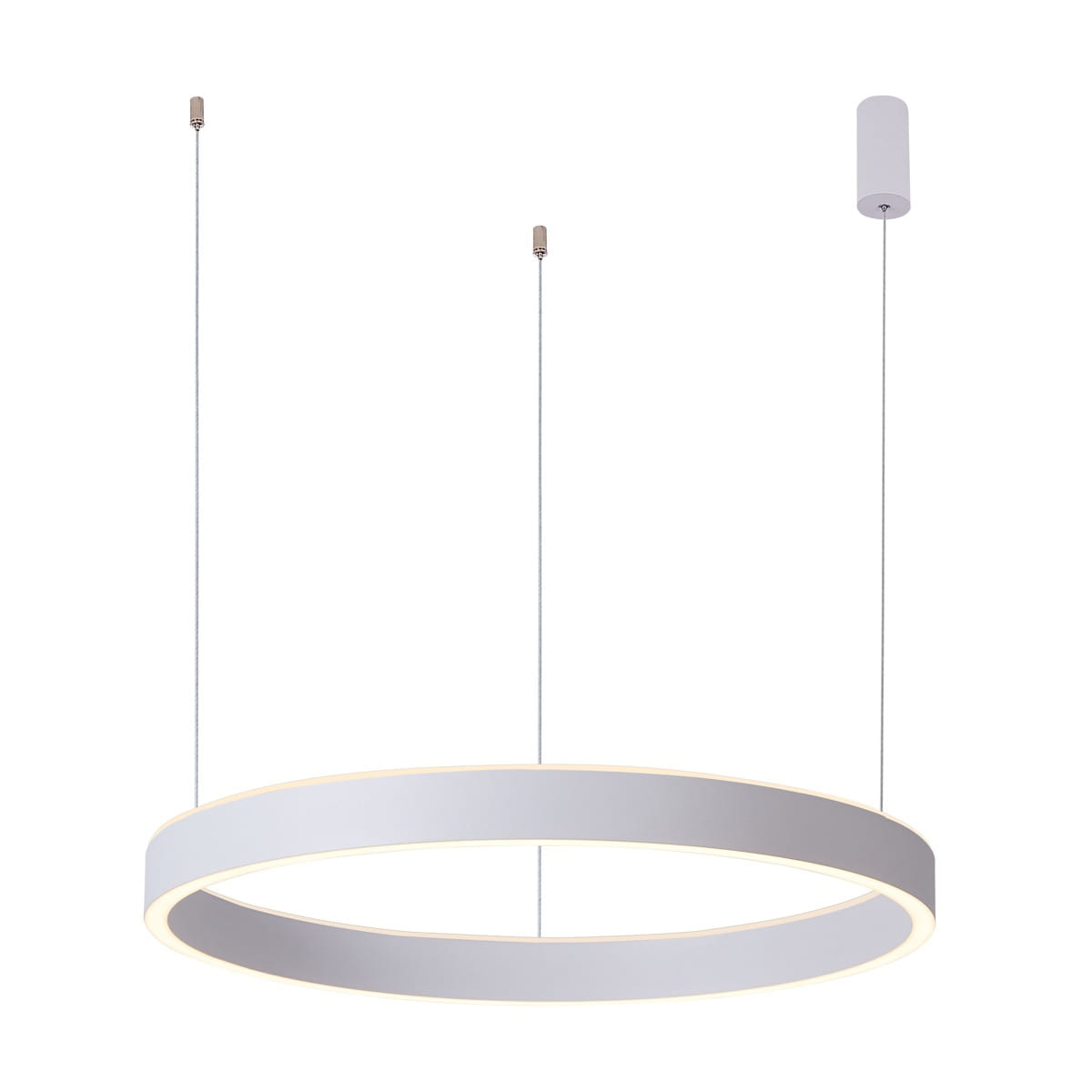 Lampa wisząca Brasco Up Down D98 w kolorze białym z dwoma źródłami światła LED 60W. Okrągły kształt, zawieszona na dwóch cienkich linkach. Widoczny element montażowy w górnej części. Tło białe, co podkreśla minimalistyczny design.