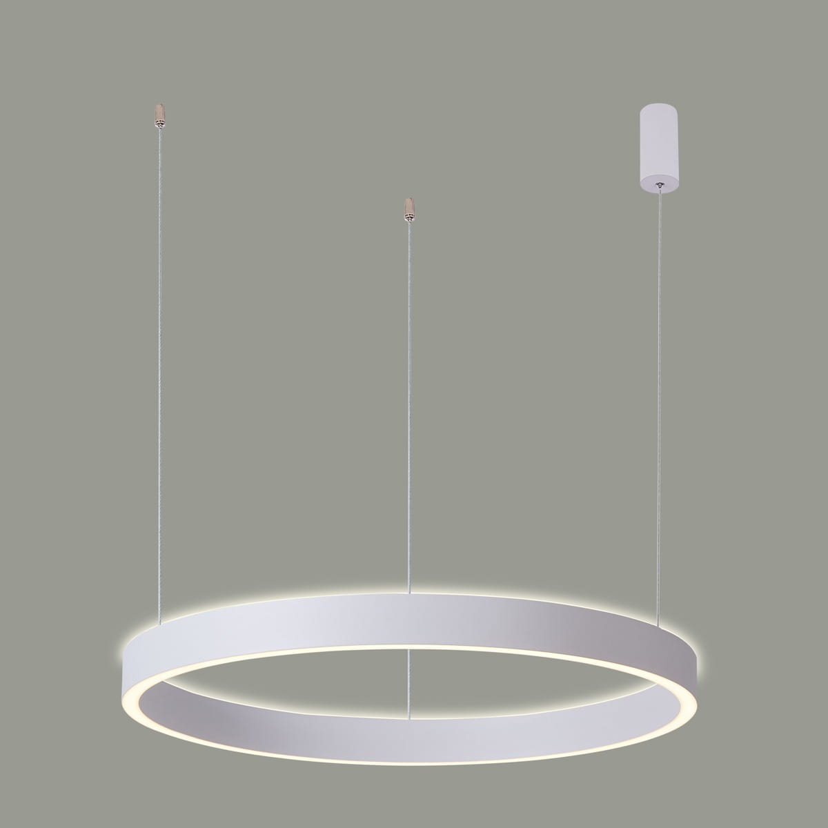 Lampa wisząca Brasco Up Down D98 w kolorze białym, z metalowym, okrągłym kloszem z podświetleniem LED, zawieszona na cienkich linkach. W górnej części widoczny biały uchwyt sufitowy. Minimalistyczny design pasujący do nowoczesnych wnętrz.