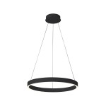 Czarna lampa wisząca Brasco Down D60 z jednym źródłem LED i mocą 40W. Okrągły kształt, montaż na suficie za pomocą linki. Minimalistyczny design, idealna do nowoczesnych wnętrz. Wewnętrzna krawędź z białym akcentem.