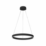 Lampa wisząca Brasco Down D60 z czarnym metalowym okręgiem, zawieszona na cienkich linkach. Posiada wbudowane oświetlenie LED o mocy 40W, prezentująca nowoczesny, minimalistyczny styl. Tło jest jasne, co podkreśla design lampy.