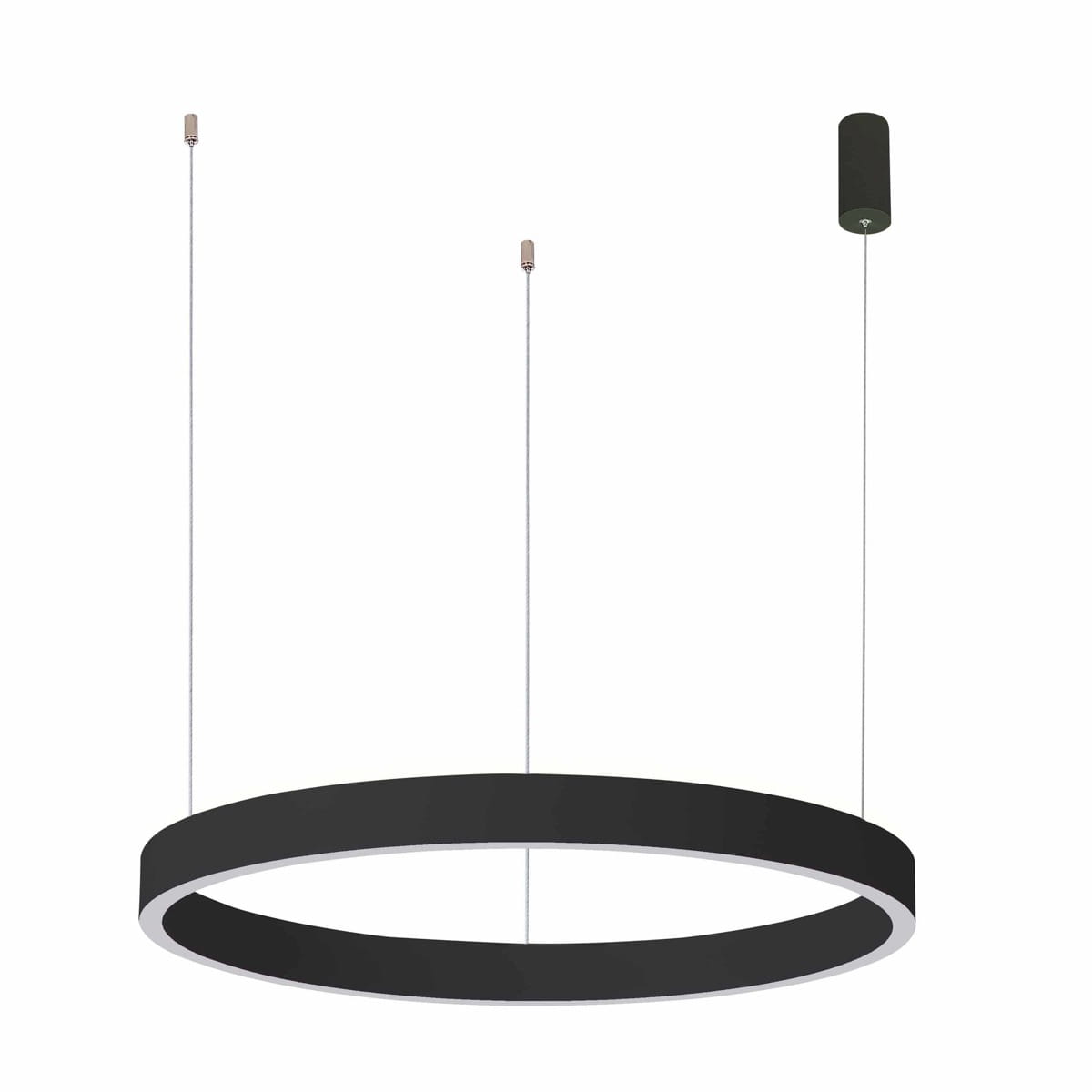 Czarna lampa wisząca Brasco Up Down D98 z dwoma źródłami światła LED, o okrągłym kształcie z białym obrzeżem. Zawieszona na dwóch cienkich kablach, z montażowym elementem w górnej części. Prosta forma, idealna do nowoczesnych wnętrz.