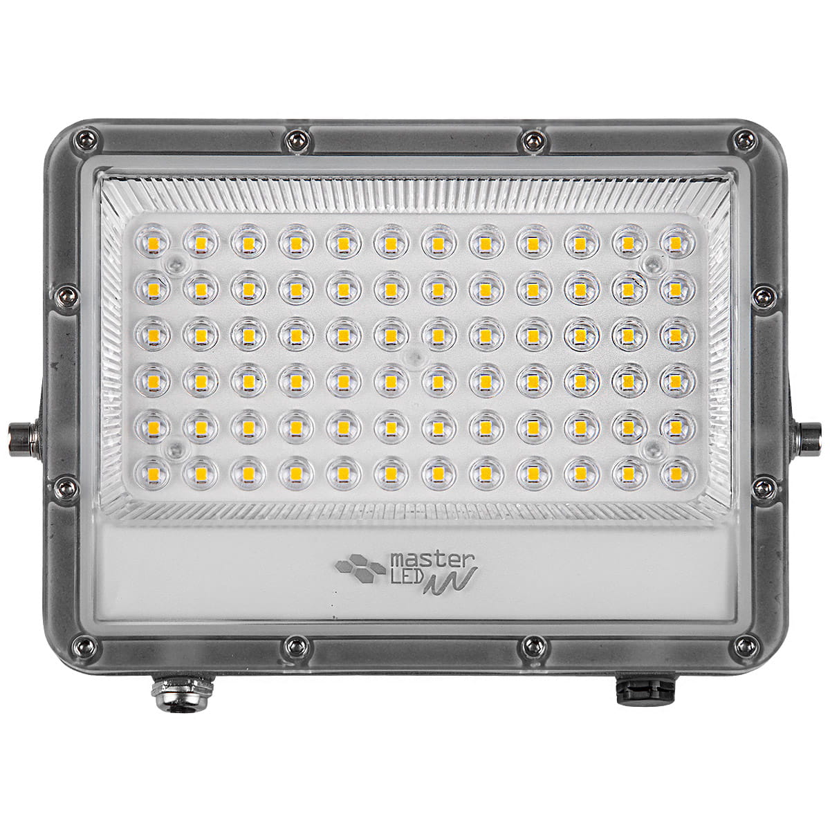 Naświetlacz LED Germi 50W z 50 diodami, emitujący 5000 lumenów przy 5000K. Metalowa obudowa, odporna na warunki atmosferyczne (IP65), z widocznymi złączami. Prosty, prostokątny kształt, idealny do oświetlenia zewnętrznego.