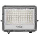 Naświetlacz LED Germi 50W z 50 diodami, emitujący 5000 lumenów przy 5000K. Metalowa obudowa, odporna na warunki atmosferyczne (IP65), z widocznymi złączami. Prosty, prostokątny kształt, idealny do oświetlenia zewnętrznego.