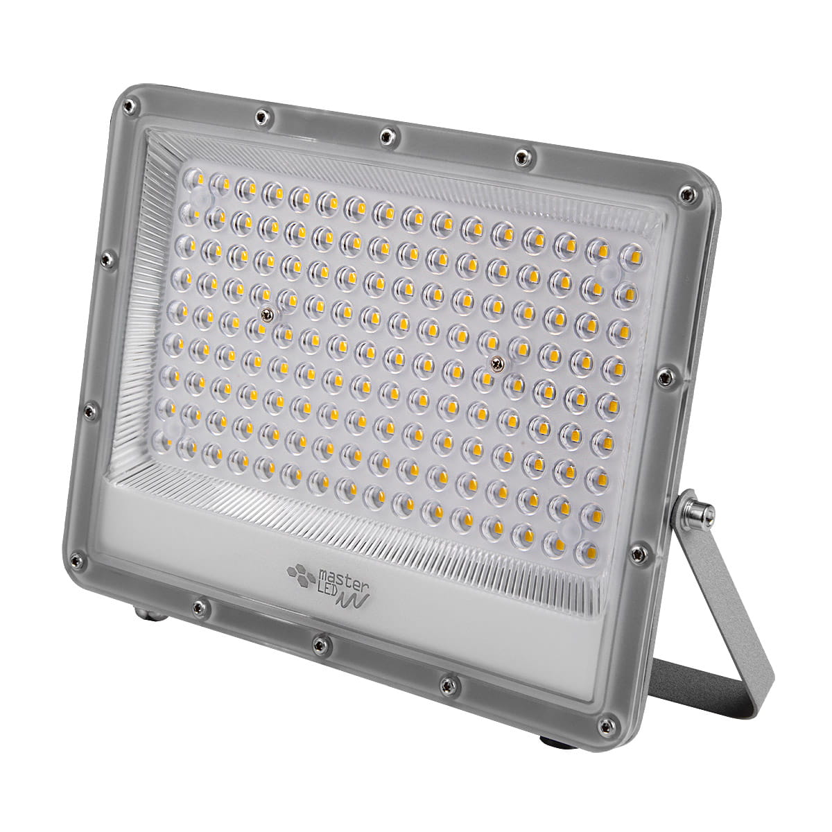 Naświetlacz LED Germi 100W w obudowie metalowej, z 100 diodami LED. Kolor światła 5000K, moc 10000lm. Ustawiony na stojaku, z widocznymi otworami montażowymi. Ochrona IP65 zapewnia odporność na warunki atmosferyczne.