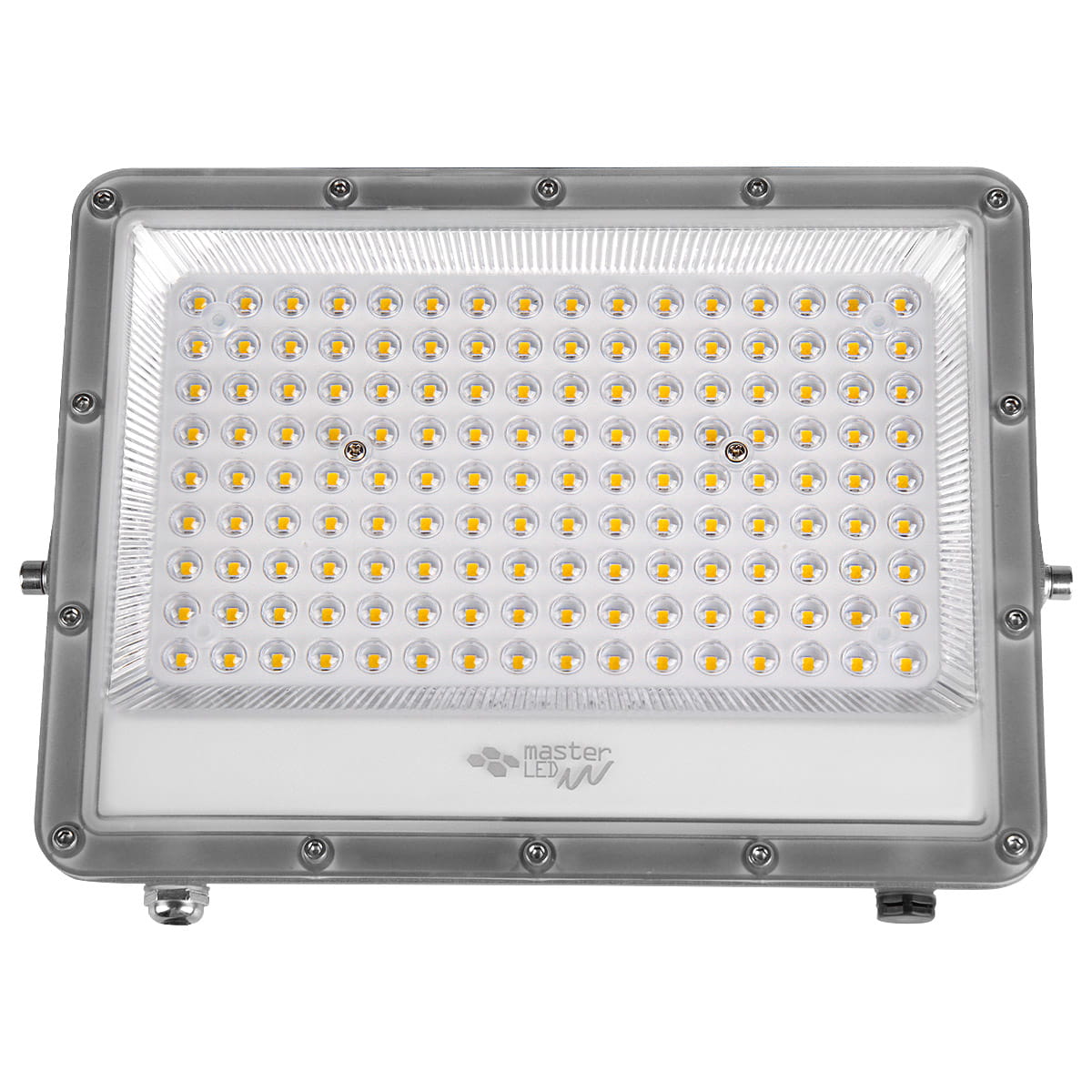 Naświetlacz LED Germi 100W z obudową metalową, posiadający 100 diod LED, generujący jasność 10000 lm. Kolor światła 5000K, z klasą szczelności IP65. Ujęcie frontalne, produkt leżący na płaskiej powierzchni.