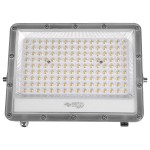 Naświetlacz LED Germi 100W z obudową metalową, posiadający 100 diod LED, generujący jasność 10000 lm. Kolor światła 5000K, z klasą szczelności IP65. Ujęcie frontalne, produkt leżący na płaskiej powierzchni.