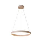 Lampa wisząca Brasco Down D60 w kolorze złotym, z okrągłym kloszem. Wyposażona w jedno źródło światła LED o mocy 40W. Zawieszona na cienkich linkach, z zamocowaniem sufitowym, widok frontalny na minimalistyczny design.