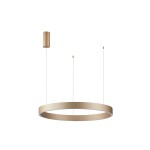 Lampa wisząca Brasco Down D60 w kolorze złotym, z okrągłym, matowym kloszem. Zawieszona na dwóch cienkich linkach, z metalowym mocowaniem. Wyposażona w 1 źródło światła LED o mocy 40W. Tło białe, minimalistyczne.