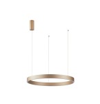 Lampa wisząca Brasco Up Down D98, złota, z dwoma źródłami światła LED o mocy 100W. Okrągły kształt z matowym wykończeniem, zawieszona na cienkich linkach. Elementy montażowe widoczne na górze.
