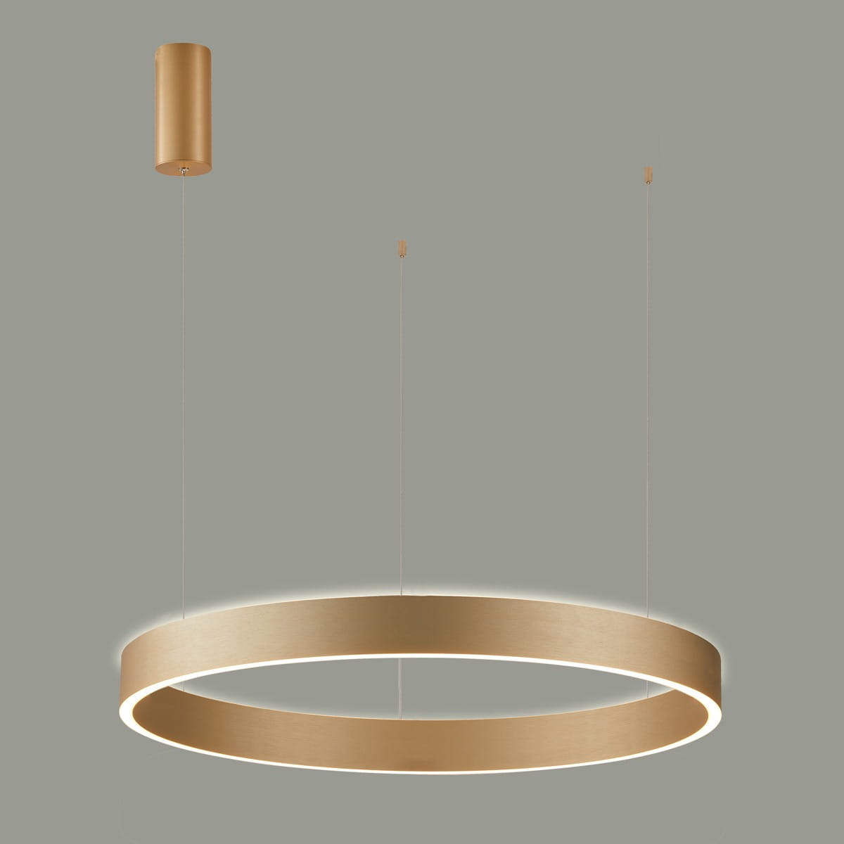 Lampa wisząca Brasco Up Down D98 w kolorze złotym, o okrągłym kształcie, zawieszona na cienkich linkach. Posiada dwa źródła światła LED o mocy 100W. Kąt ujęcia frontalny, na jednolitym tle.