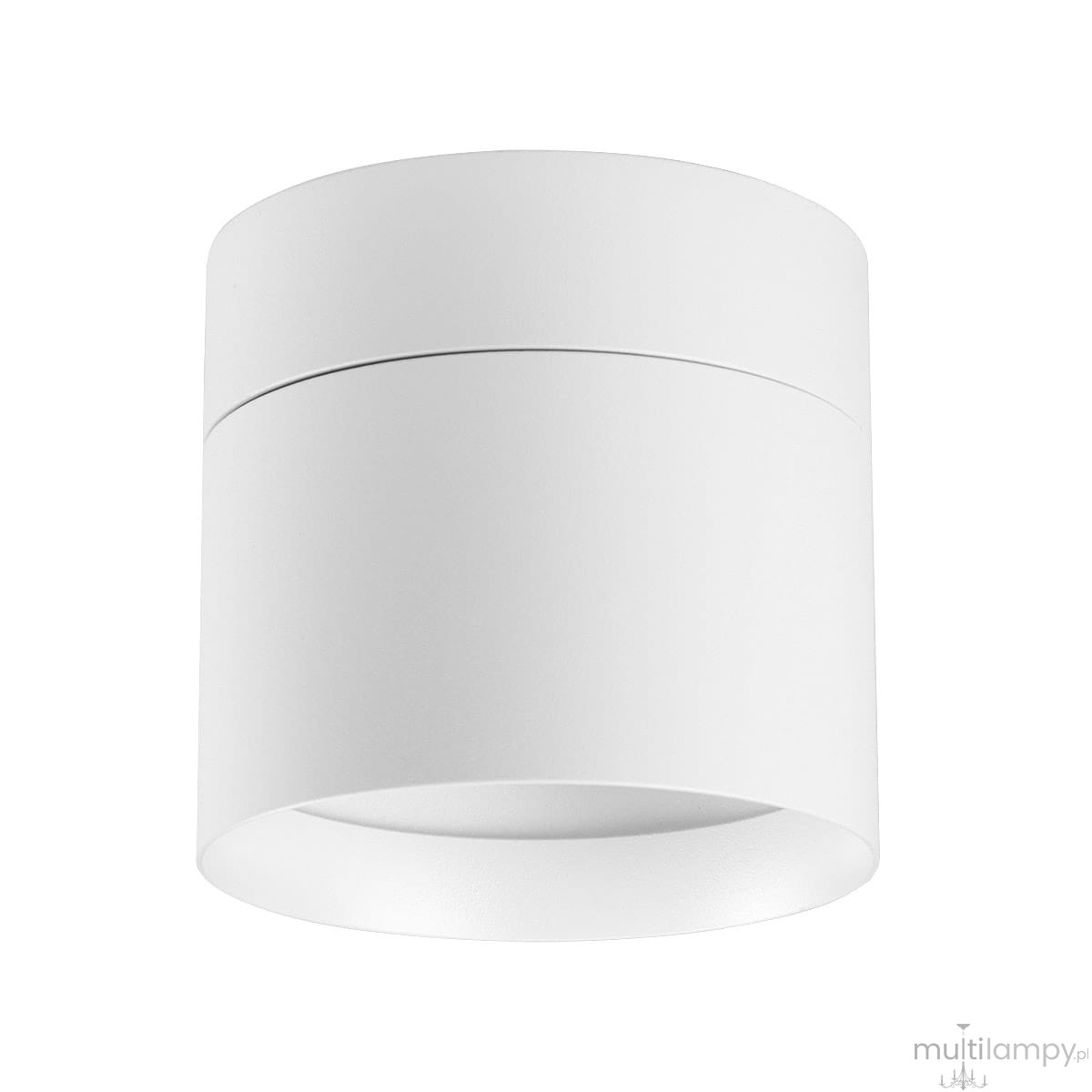 Biała lampa sufitowa typu spot Apilo z jedną żarówką GX53, o cylindrycznym kształcie. Ujęcie z boku, pokazujące gładką, matową powierzchnię oraz otwór na żarówkę. Lampa montowana na suficie, idealna do nowoczesnych wnętrz.
