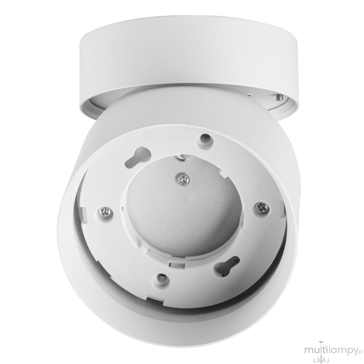 Biała lampa sufitowa typu spot z oprawą na 1 żarówkę GX53. Widok z dołu, ukazujący okrągłą podstawę, mocowania oraz gładką, matową powierzchnię. Produkt zamontowany na suficie, bez widocznych detali dekoracyjnych.