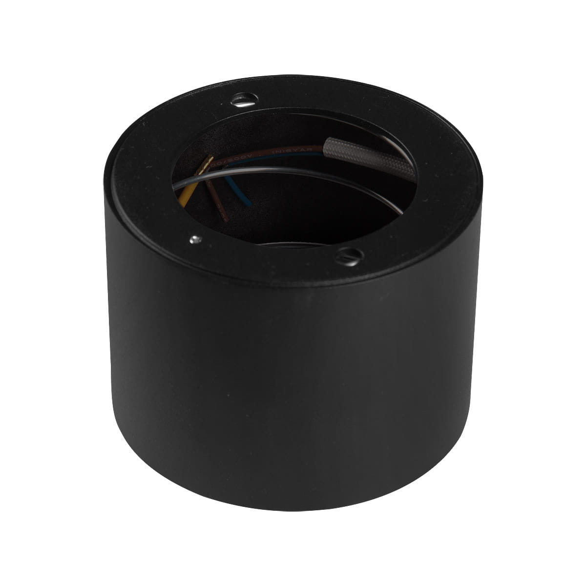 Czarna lampa sufitowa tuba 1xGX53 z widocznym gniazdem i przewodami wewnętrznymi. Ujęcie z góry, ukazujące otwór montażowy oraz matową fakturę obudowy. Produkt przeznaczony do montażu sufitowego.