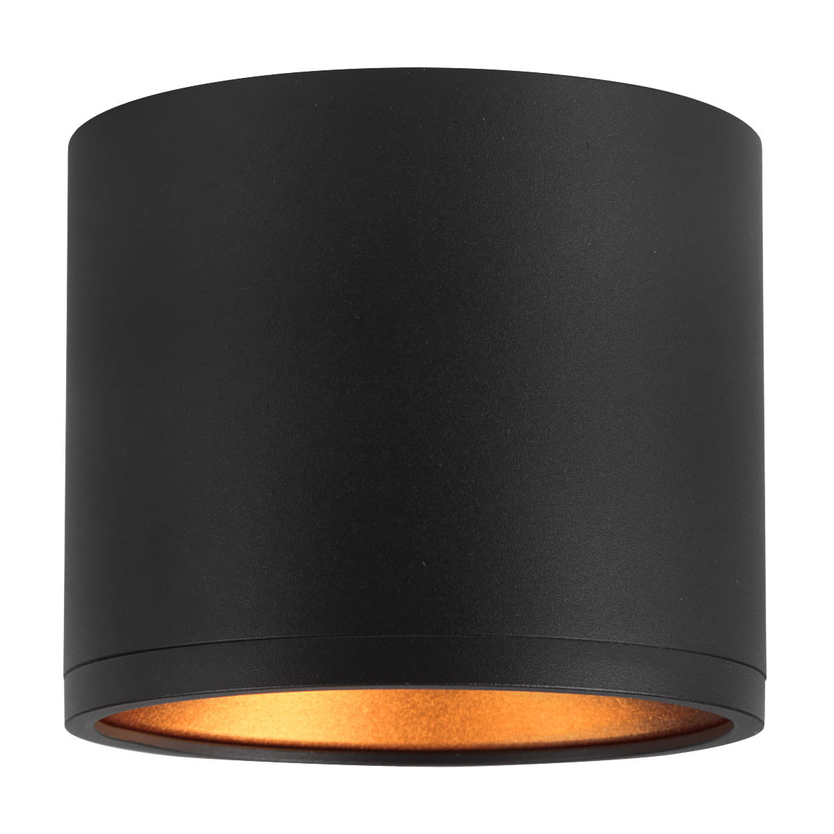 Lampa sufitowa Golda w kształcie tuby, kolor czarny z wewnętrzną złotą powłoką, montowana na suficie. Wykonana z matowego materiału, prezentuje minimalistyczny design. Widoczny otwór na żarówkę GX53.