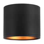 Lampa sufitowa Golda w kształcie tuby, kolor czarny z wewnętrzną złotą powłoką, montowana na suficie. Wykonana z matowego materiału, prezentuje minimalistyczny design. Widoczny otwór na żarówkę GX53.