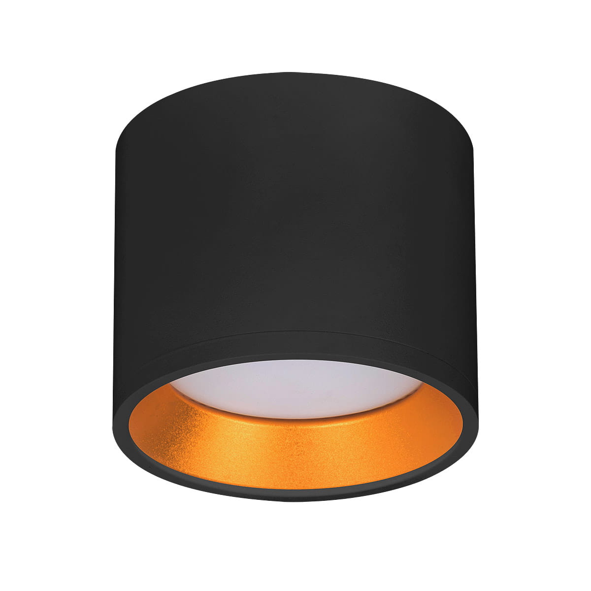 Czarna lampa sufitowa w kształcie tuby z złotym wnętrzem, montowana na suficie. Wykonana z metalu, z oprawą na jedną żarówkę GX53. Ujęcie frontalne, pokazujące gładką powierzchnię i kolorystyczne zestawienie.